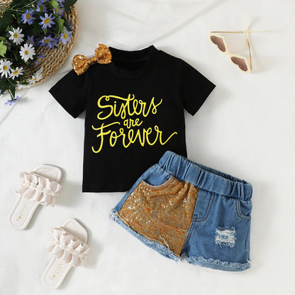 Girls Bow Short Sleeve Letter Jacket Phnom Penh Sequins Ripped Denim Shorts Suit
