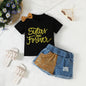 Girls Bow Short Sleeve Letter Jacket Phnom Penh Sequins Ripped Denim Shorts Suit