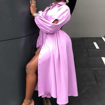 Lace-up Turn-down Collar Large Swing Dress