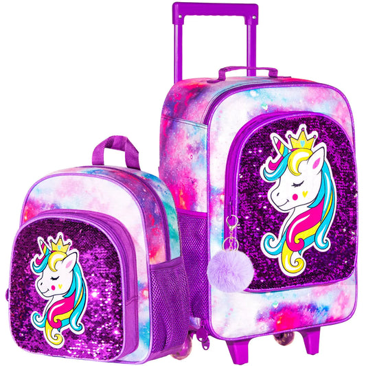 TXHVO 2Pcs Kids Suitcase 18" Girls Carry on Luggage With Wheels Unicorn Suitcases with toddler Backpack(Purple)