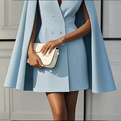 Women's Elegant Solid Color V Neck Double-Breasted Cape Blazer Dress Spring & Summer Party Outfit