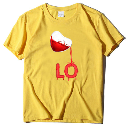 Couples Pullover Round Neck Love Red LOVE Stitching Men And Women Casual Short Sleeves