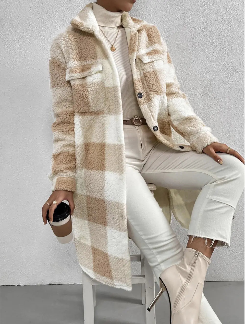 Loose Plush Plaid Coat with Button Lapel