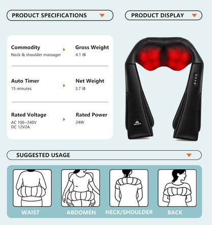 Christmas Neck Massager for Pain Relief Deep Tissue with Heat - Shiatsu Back and Shoulder Massage, Relax Gifts for Women/Men/Dad/Mom/Her/Him/Mothers Day/Fathers Gifts, Plug-In Use for Home Office Car