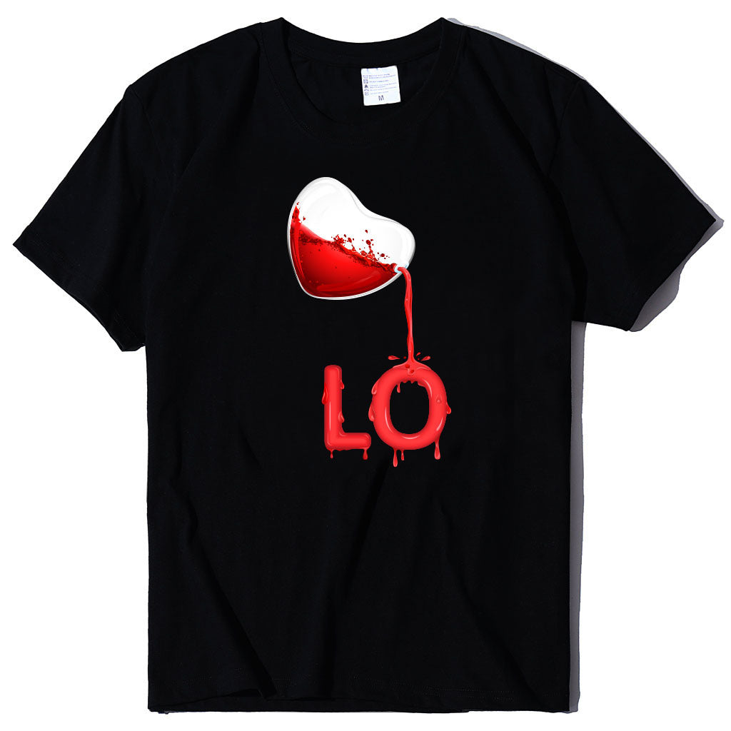 Couples Pullover Round Neck Love Red LOVE Stitching Men And Women Casual Short Sleeves
