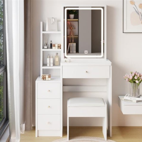 Small Size Left Bedside Table, Dressing Table With Soft Cushion Stool, Oversized Touch Sliding LED Mirror, Tri Color Switching, Adjustable Brightness, Suitable For Girls Up To 5.6 Feet Tall
