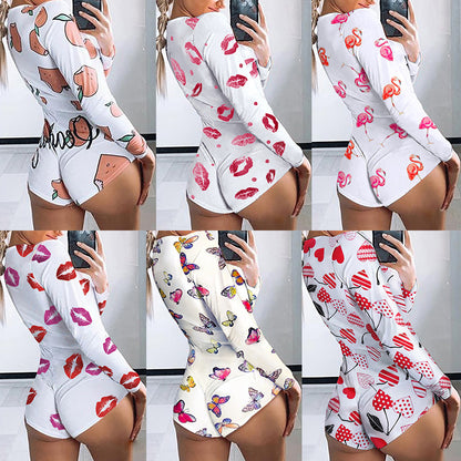 Printed Long-sleeved Pajamas Deep V Nightclub Tight Sexy Jumpsuit
