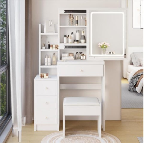 Small Size Left Bedside Table, Dressing Table With Soft Cushion Stool, Oversized Touch Sliding LED Mirror, Tri Color Switching, Adjustable Brightness, Suitable For Girls Up To 5.6 Feet Tall