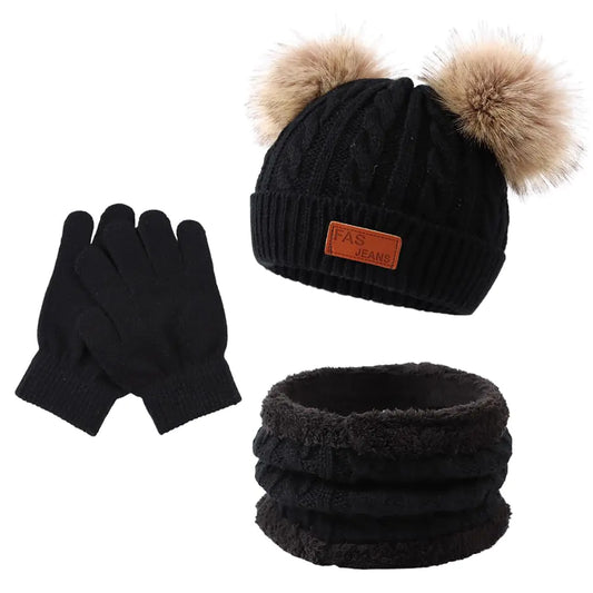 Peecabe Baby Beanie Fall Winter Toddler Knit Hat Scarf Glove Set Pompom Beanie Hat Fleece Neck Warmer (1-4 Years Black)