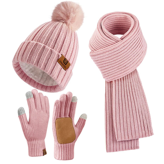 Winter Beanie Hat Scarf Gloves Set Gifts for Women Fleece Lined Classic Beanie with Pom Pom Long Scarf Touchscreen Gloves 3 Set Pink