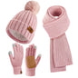 Winter Beanie Hat Scarf Gloves Set Gifts for Women Fleece Lined Classic Beanie with Pom Pom Long Scarf Touchscreen Gloves 3 Set Pink