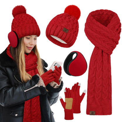 URATOT Women Winter Beanie Hat Scarf Gloves Ear Warmer 4 in 1 Set Beanie Pompom Hat Touchscreen Gloves Long Scarf Ear Warmer Red