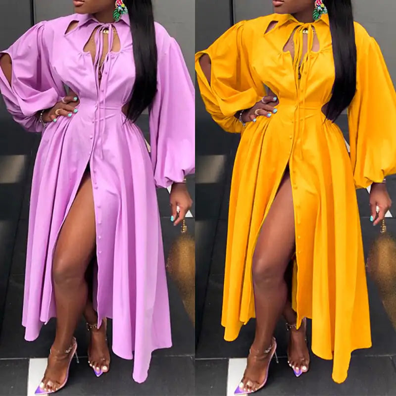 Lace-up Turn-down Collar Large Swing Dress