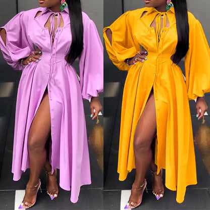 Lace-up Turn-down Collar Large Swing Dress