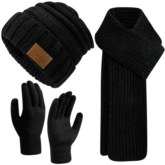 Hicdaw Womens Winter Hat Gloves Scarf Set Beanie Hat Womens Winter Warm Sets Long Scarf Touchscreen Gloves with Fleece Lined Warm Knitted Hat White Black