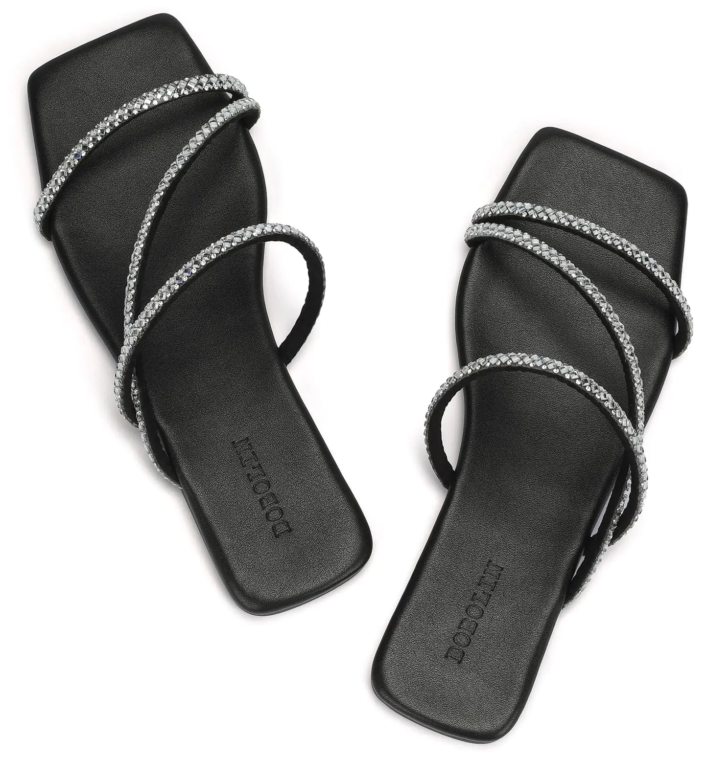 DOBOLIN Womens Sandals Rhinestone Flat Sandals Strappy Squared Open Toe Slide Sandals Dressy Trendy Comfortable Summer Beach Slip-On Black Size 7.5 Wide Width