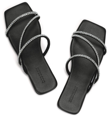 DOBOLIN Womens Sandals Rhinestone Flat Sandals Strappy Squared Open Toe Slide Sandals Dressy Trendy Comfortable Summer Beach Slip-On Black Size 7.5 Wide Width
