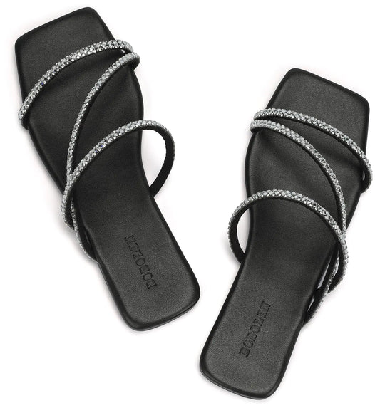 DOBOLIN Womens Sandals Rhinestone Flat Sandals Strappy Squared Open Toe Slide Sandals Dressy Trendy Comfortable Summer Beach Slip-On Black Size 7.5 Wide Width
